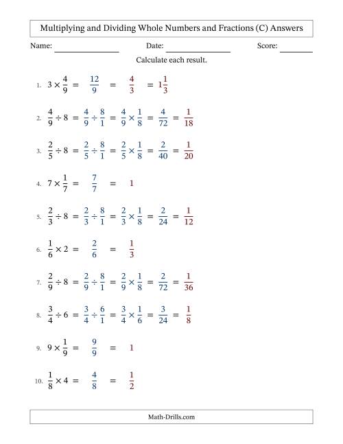 The Multiplying and Dividing Proper Fractions and Whole Numbers with All Simplifying (Fillable) (C) Math Worksheet Page 2