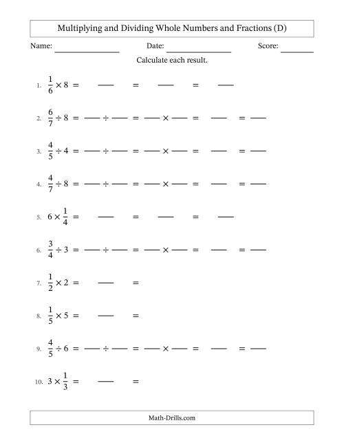 The Multiplying and Dividing Proper Fractions and Whole Numbers with All Simplifying (Fillable) (D) Math Worksheet