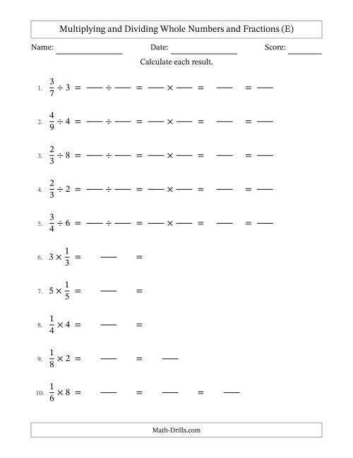 The Multiplying and Dividing Proper Fractions and Whole Numbers with All Simplifying (Fillable) (E) Math Worksheet