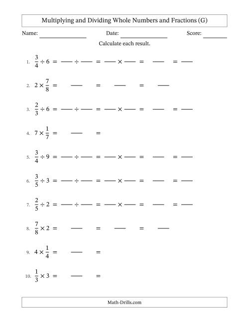 The Multiplying and Dividing Proper Fractions and Whole Numbers with All Simplifying (Fillable) (G) Math Worksheet