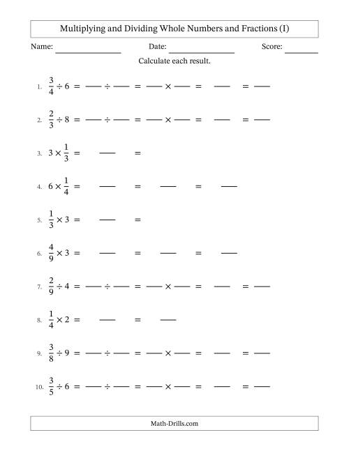The Multiplying and Dividing Proper Fractions and Whole Numbers with All Simplifying (Fillable) (I) Math Worksheet