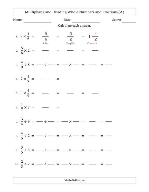 The Multiplying and Dividing Proper Fractions and Whole Numbers with All Simplifying (Fillable) (All) Math Worksheet