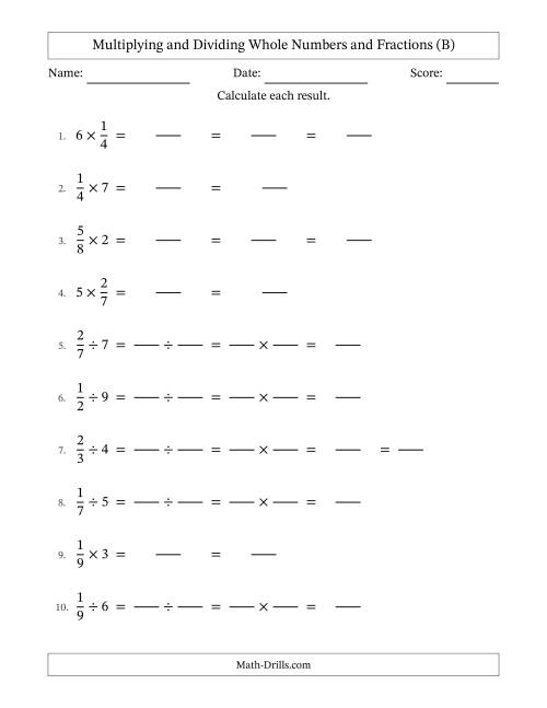 The Multiplying and Dividing Proper Fractions and Whole Numbers with Some Simplifying (Fillable) (B) Math Worksheet