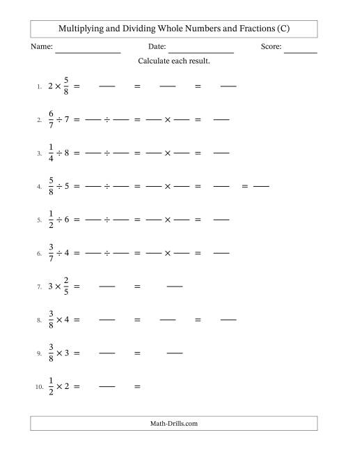 The Multiplying and Dividing Proper Fractions and Whole Numbers with Some Simplifying (Fillable) (C) Math Worksheet