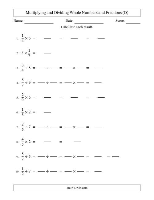 The Multiplying and Dividing Proper Fractions and Whole Numbers with Some Simplifying (Fillable) (D) Math Worksheet