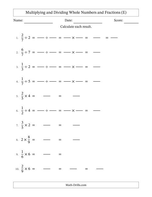 The Multiplying and Dividing Proper Fractions and Whole Numbers with Some Simplifying (Fillable) (E) Math Worksheet