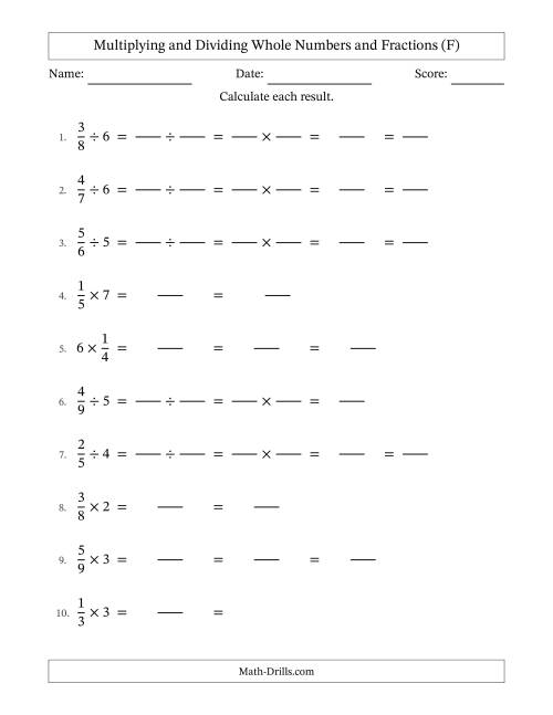 The Multiplying and Dividing Proper Fractions and Whole Numbers with Some Simplifying (Fillable) (F) Math Worksheet