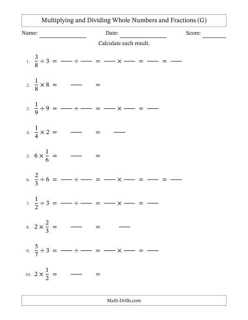 The Multiplying and Dividing Proper Fractions and Whole Numbers with Some Simplifying (Fillable) (G) Math Worksheet