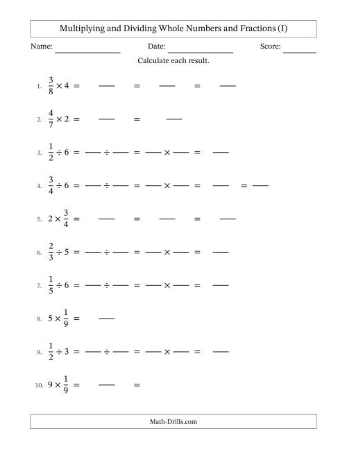 The Multiplying and Dividing Proper Fractions and Whole Numbers with Some Simplifying (Fillable) (I) Math Worksheet