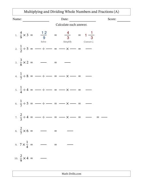 The Multiplying and Dividing Proper Fractions and Whole Numbers with Some Simplifying (Fillable) (All) Math Worksheet