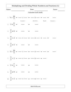 Multiplying and Dividing Improper Fractions and Whole Numbers with No Simplifying (Fillable)