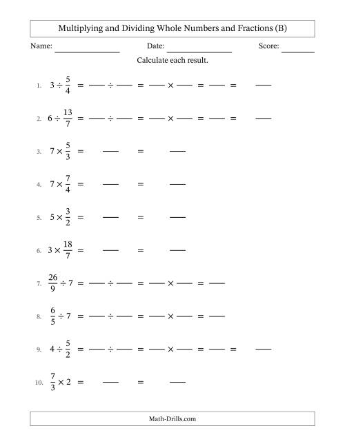 The Multiplying and Dividing Improper Fractions and Whole Numbers with No Simplifying (Fillable) (B) Math Worksheet