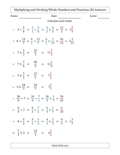 The Multiplying and Dividing Improper Fractions and Whole Numbers with No Simplifying (Fillable) (B) Math Worksheet Page 2
