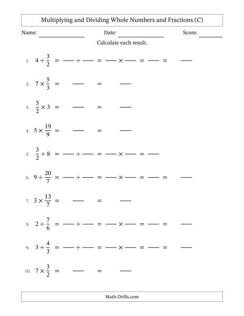 The Multiplying and Dividing Improper Fractions and Whole Numbers with No Simplifying (Fillable) (C) Math Worksheet