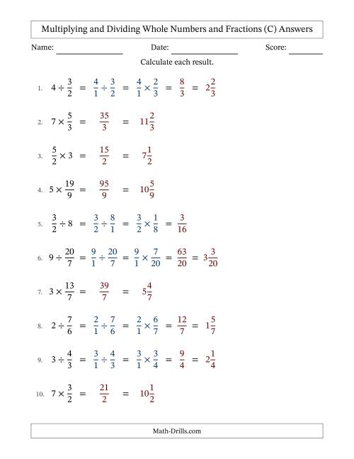 The Multiplying and Dividing Improper Fractions and Whole Numbers with No Simplifying (Fillable) (C) Math Worksheet Page 2