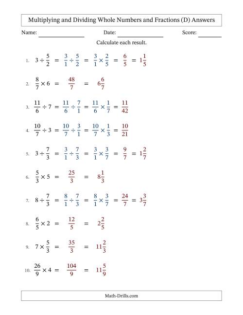 The Multiplying and Dividing Improper Fractions and Whole Numbers with No Simplifying (Fillable) (D) Math Worksheet Page 2