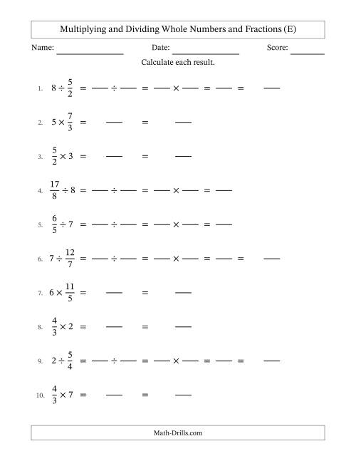 The Multiplying and Dividing Improper Fractions and Whole Numbers with No Simplifying (Fillable) (E) Math Worksheet