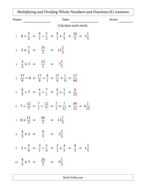 The Multiplying and Dividing Improper Fractions and Whole Numbers with No Simplifying (Fillable) (E) Math Worksheet Page 2