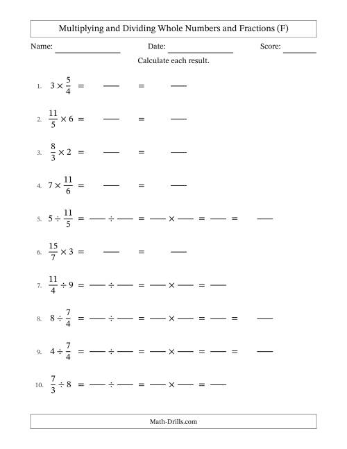The Multiplying and Dividing Improper Fractions and Whole Numbers with No Simplifying (Fillable) (F) Math Worksheet