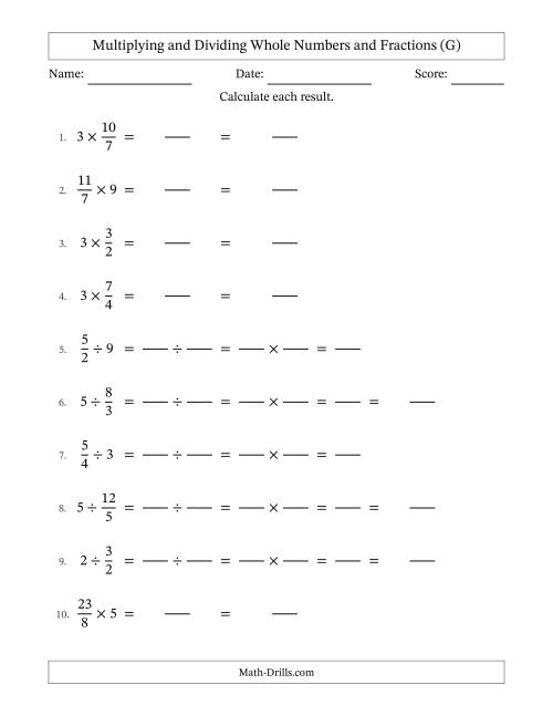 The Multiplying and Dividing Improper Fractions and Whole Numbers with No Simplifying (Fillable) (G) Math Worksheet