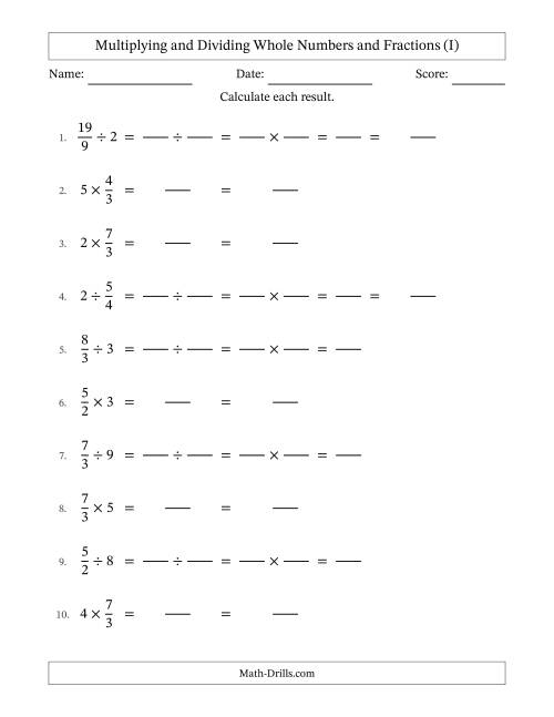 The Multiplying and Dividing Improper Fractions and Whole Numbers with No Simplifying (Fillable) (I) Math Worksheet
