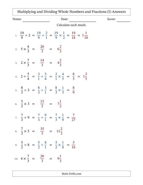 The Multiplying and Dividing Improper Fractions and Whole Numbers with No Simplifying (Fillable) (I) Math Worksheet Page 2