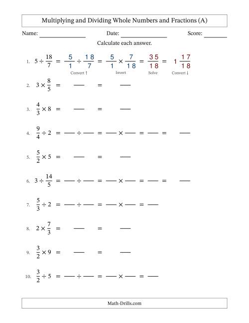 The Multiplying and Dividing Improper Fractions and Whole Numbers with No Simplifying (Fillable) (All) Math Worksheet