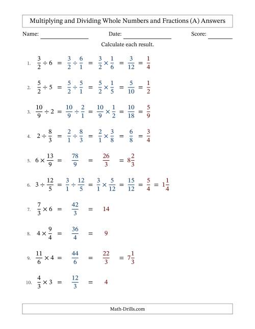 The Multiplying and Dividing Improper Fractions and Whole Numbers with All Simplifying (Fillable) (A) Math Worksheet Page 2