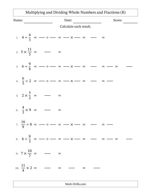 The Multiplying and Dividing Improper Fractions and Whole Numbers with All Simplifying (Fillable) (B) Math Worksheet