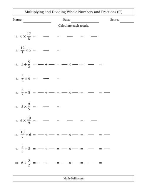 The Multiplying and Dividing Improper Fractions and Whole Numbers with All Simplifying (Fillable) (C) Math Worksheet