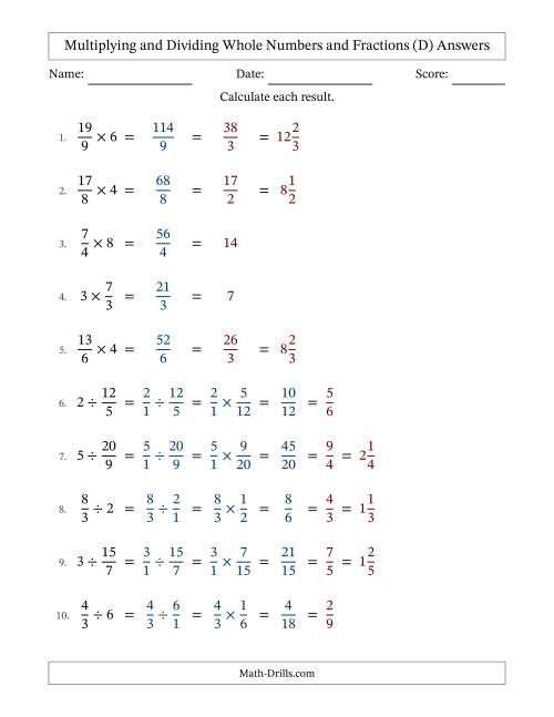 The Multiplying and Dividing Improper Fractions and Whole Numbers with All Simplifying (Fillable) (D) Math Worksheet Page 2