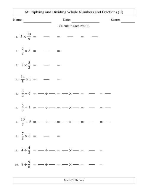 The Multiplying and Dividing Improper Fractions and Whole Numbers with All Simplifying (Fillable) (E) Math Worksheet