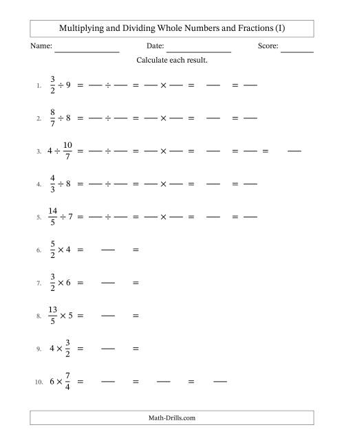 The Multiplying and Dividing Improper Fractions and Whole Numbers with All Simplifying (Fillable) (I) Math Worksheet