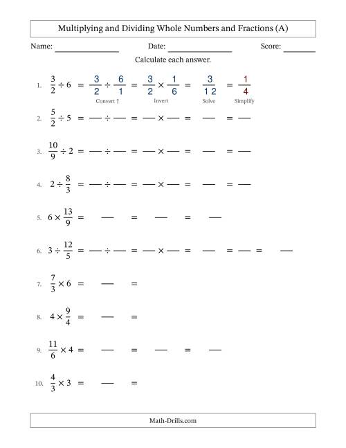 The Multiplying and Dividing Improper Fractions and Whole Numbers with All Simplifying (Fillable) (All) Math Worksheet