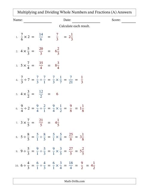 The Multiplying and Dividing Improper Fractions and Whole Numbers with Some Simplifying (Fillable) (A) Math Worksheet Page 2