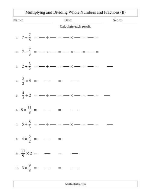 The Multiplying and Dividing Improper Fractions and Whole Numbers with Some Simplifying (Fillable) (B) Math Worksheet