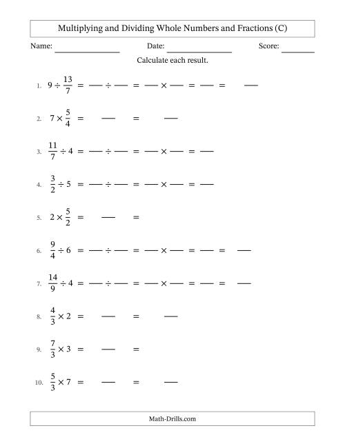 The Multiplying and Dividing Improper Fractions and Whole Numbers with Some Simplifying (Fillable) (C) Math Worksheet