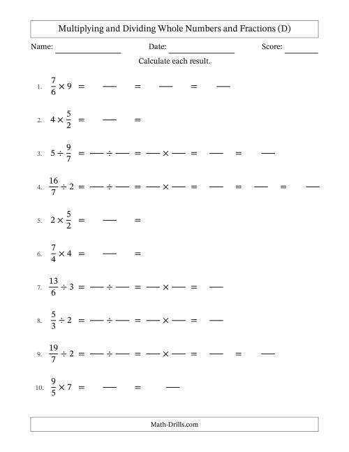 The Multiplying and Dividing Improper Fractions and Whole Numbers with Some Simplifying (Fillable) (D) Math Worksheet