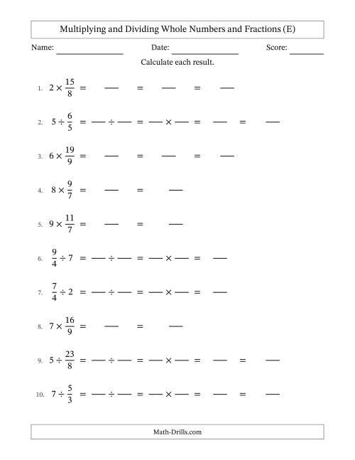 The Multiplying and Dividing Improper Fractions and Whole Numbers with Some Simplifying (Fillable) (E) Math Worksheet