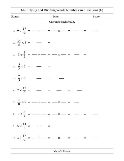 The Multiplying and Dividing Improper Fractions and Whole Numbers with Some Simplifying (Fillable) (F) Math Worksheet