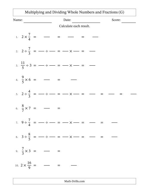 The Multiplying and Dividing Improper Fractions and Whole Numbers with Some Simplifying (Fillable) (G) Math Worksheet