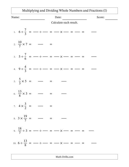 The Multiplying and Dividing Improper Fractions and Whole Numbers with Some Simplifying (Fillable) (I) Math Worksheet