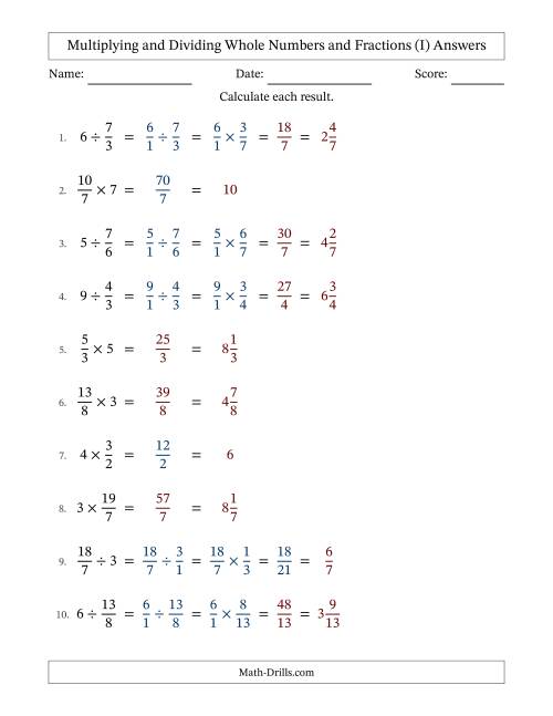 The Multiplying and Dividing Improper Fractions and Whole Numbers with Some Simplifying (Fillable) (I) Math Worksheet Page 2