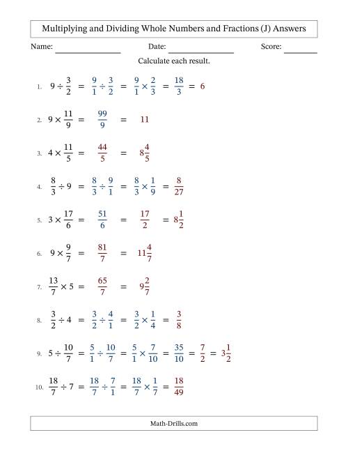 The Multiplying and Dividing Improper Fractions and Whole Numbers with Some Simplifying (Fillable) (J) Math Worksheet Page 2