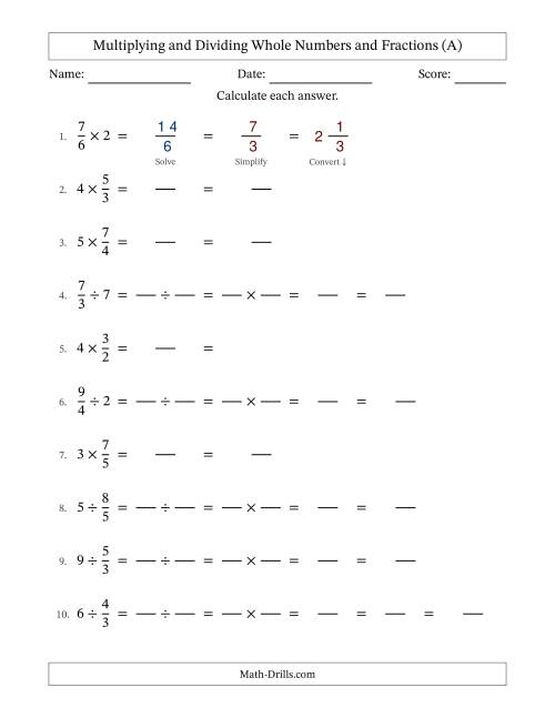 The Multiplying and Dividing Improper Fractions and Whole Numbers with Some Simplifying (Fillable) (All) Math Worksheet