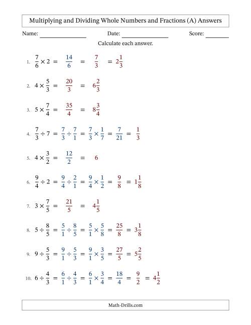 The Multiplying and Dividing Improper Fractions and Whole Numbers with Some Simplifying (Fillable) (All) Math Worksheet Page 2