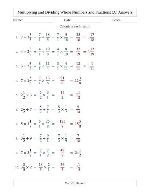 The Multiplying and Dividing Mixed Fractions and Whole Numbers with No Simplifying (Fillable) (A) Math Worksheet Page 2