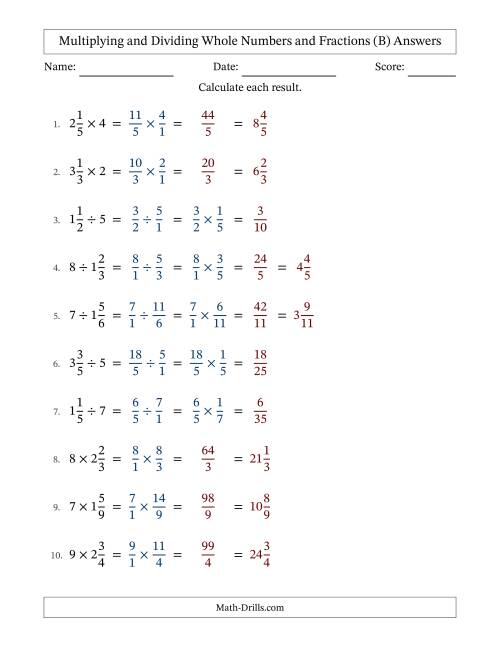 The Multiplying and Dividing Mixed Fractions and Whole Numbers with No Simplifying (Fillable) (B) Math Worksheet Page 2