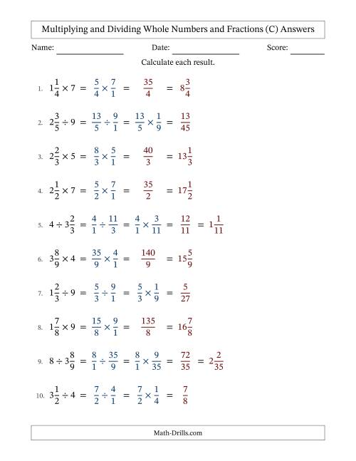 The Multiplying and Dividing Mixed Fractions and Whole Numbers with No Simplifying (Fillable) (C) Math Worksheet Page 2