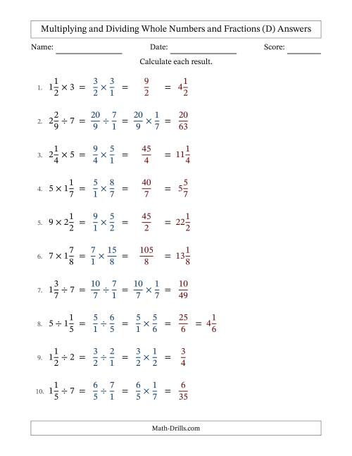The Multiplying and Dividing Mixed Fractions and Whole Numbers with No Simplifying (Fillable) (D) Math Worksheet Page 2